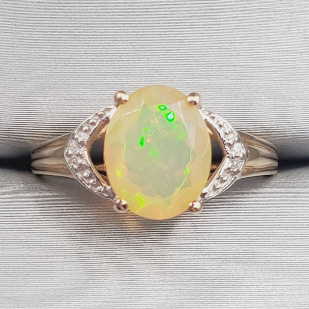 10k Solid Yellow Gold Natural Faceted Oval Opal & Diamond Ring